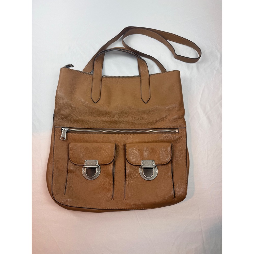 Fossil Y2K Camel Brown Leather Utility Tote Cargo Pocket Crossbody Bag